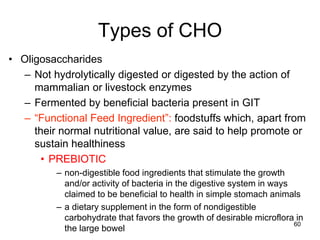 Types of CHO
• Oligosaccharides
– Not hydrolytically digested or digested by the action of
mammalian or livestock enzymes
– Fermented by beneficial bacteria present in GIT
– “Functional Feed Ingredient”: foodstuffs which, apart from
their normal nutritional value, are said to help promote or
sustain healthiness
• PREBIOTIC
– non-digestible food ingredients that stimulate the growth
and/or activity of bacteria in the digestive system in ways
claimed to be beneficial to health in simple stomach animals
– a dietary supplement in the form of nondigestible
carbohydrate that favors the growth of desirable microflora in
the large bowel
60
 