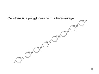 Cellulose is a polyglucose with a beta-linkage:
O
O
O
O
O
O
O
O
O
O
O
O
O
O
O
O
68
 