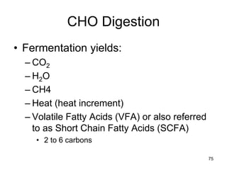 CHO Digestion
• Fermentation yields:
– CO2
– H2O
– CH4
– Heat (heat increment)
– Volatile Fatty Acids (VFA) or also referred
to as Short Chain Fatty Acids (SCFA)
• 2 to 6 carbons
75
 
