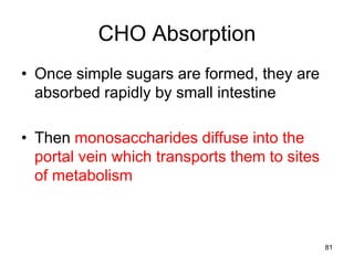 CHO Absorption
• Once simple sugars are formed, they are
absorbed rapidly by small intestine
• Then monosaccharides diffuse into the
portal vein which transports them to sites
of metabolism
81
 