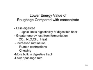 Lower Energy Value of
Roughage Compared with concentrate
- Less digested
- Lignin limits digestibility of digestible fiber
- Greater energy lost from fermentation
CO2, N2O,CH4, Heat
- Increased rumination
Rumen contractions
Chewing
-More bulk in digestive tract
-Lower passage rate
95
 