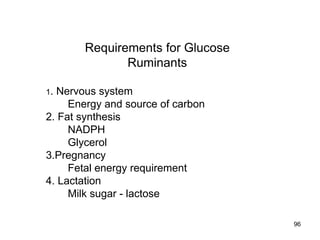 Requirements for Glucose
Ruminants
1. Nervous system
Energy and source of carbon
2. Fat synthesis
NADPH
Glycerol
3.Pregnancy
Fetal energy requirement
4. Lactation
Milk sugar - lactose
96
 