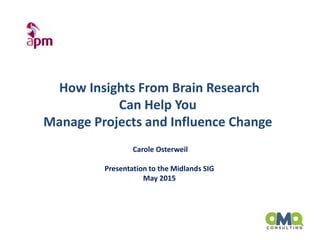 Carole Osterweil
Presentation to the Midlands SIG
May 2015
How Insights From Brain Research
Can Help You
Manage Projects and Influence Change
 