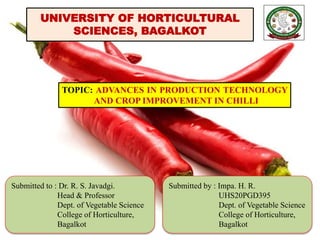 Submitted by : Impa. H. R.
UHS20PGD395
Dept. of Vegetable Science
College of Horticulture,
Bagalkot
TOPIC: ADVANCES IN PRODUCTION TECHNOLOGY
AND CROP IMPROVEMENT IN CHILLI
Submitted to : Dr. R. S. Javadgi.
Head & Professor
Dept. of Vegetable Science
College of Horticulture,
Bagalkot
 