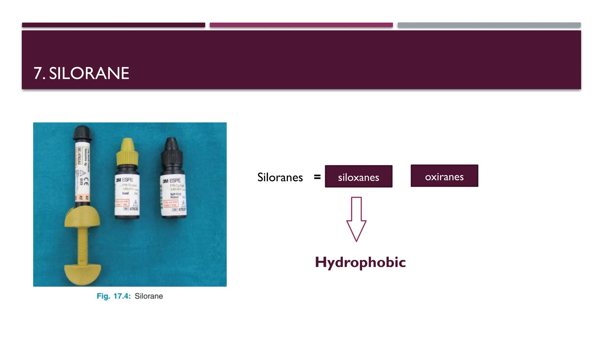7. SILORANE
Siloranes = +
siloxanes oxiranes
Hydrophobic
 