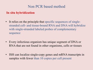 Non PCR based method
In situ hybridization
• It relies on the principle that specific sequences of single-
stranded cell- and tissue-bound RNA and DNA will hybridize
with single-stranded labeled probes of complementary
sequence
• Every infectious organism has unique segment of DNA or
RNA that are not found in other organisms, cells or tissues
• ISH can localize single-copy genes and mRNA transcripts in
samples with fewer than 10 copies per cell present
 