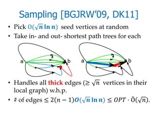 Sampling [BGJRW’09, DK11]
• Pick O(   ) seed vertices at random
• Take in- and out- shortest path trees for each




• Handles all thick edges (≥  vertices in their
  local graph) w.h.p.
• # of edges ≤ 2  − 1 (   ) ≤  ⋅ Õ  .
 