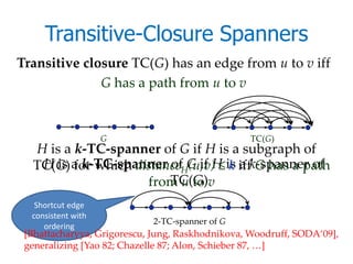 Transitive-Closure Spanners
Transitive closure TC(G) has an edge from u to v iff
              G has a path from u to v


                    G                            TC(G)
  H is a k-TC-spanner of G if H is a subgraph of
  TC(G) a k-TC-spanner ofHG if H is iffk-spanner of
   H is for which distance (u,v) ≤ k a G has a path
                        TC(G)
                    from u to v
   Shortcut edge
  consistent with
                            2-TC-spanner of G
     ordering
 [Bhattacharyya, Grigorescu, Jung, Raskhodnikova, Woodruff, SODA‘09],
 generalizing [Yao 82; Chazelle 87; Alon, Schieber 87, …]
 