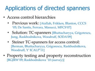 Applications of directed spanners
• Access control hierarchies
  • Previous work: [Atallah, Frikken, Blanton, CCCS
    ‘05; De Santis, Ferrara, Masucci, MFCS’07]
  • Solution: TC-spanners [Bhattacharyya, Grigorescu,
    Jung, Raskhodnikova, Woodruff, SODA’09]
  • Steiner TC-spanners for access control:
    [Berman, Bhattacharyya, Grigorescu, Raskhodnikova,
    Woodruff, Y’ ICALP’11]
• Property testing and property reconstruction
 [BGJRW’09; Raskhodnikova ’10 (survey)]
 