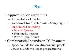 Plan
• Approximation algorithms
  – Undirected vs. Directed
  – Framework for directed case = Sampling + LP
  – Randomized rounding
    • Directed Spanner
    • Unit-length 3-spanner
    • Directed Steiner Forest
• Combinatorial bounds on TC-Spanners
  – Upper bounds for low-dimensional posets
  – Lower bounds via linear programming
 