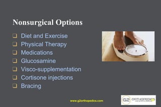 Nonsurgical Options
❑ Diet and Exercise
❑ Physical Therapy
❑ Medications
❑ Glucosamine
❑ Visco-supplementation
❑ Cortisone injections
❑ Bracing
www.g2orthopedics.com 20
 