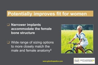 Potentially improves fit for women
❑ Narrower implants
accommodate the female
bone structure
❑ Wide range of sizing options
to more closely match the
male and female anatomy8
www.g2orthopedics.com 35
 