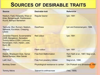 SOURCES OF DESIRABLE TRAITS
Source Desirable trait Reference
Neelum, Fazli, Kalapady, Khas-ul-
khas, Banganapalli, Peddarasam,
Kuurd, Alampur Baneshan
Regular bearer Iyer, 1991
Taimuria, Olur, Rumani, Neelum,
Nakkave, Kurukkan, Creeping,
Latara
Dwarfness Iyer and Subramanyam, 1986
Janardan Pasand, Suvarnarekha
(IIHR, Bangalore), Sensation,
Tommy Atkins (CISH, Lucknow),
Kensington, Irwin, Haden, Julie,
Kent, Zill
Red colour Iyer, 1991
Neelum Flesh colour Iyer, 1991
Elaichi, Bhadayam Dula, Samar
Bahist Rampur, Mian Saheb
Free from Malformation Ram Nath et al., 1987; Negi et al.,
1996
Latif, Hurr Free from powdery mildew Negi et al., 1996
Bombay Green Physiological resistance to canker Om Prakash and Srivastava, 1987
Tommy Atkins Tolerant to anthracnose (Yee, 1958)
 