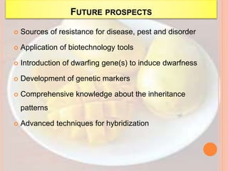 FUTURE PROSPECTS
 Sources of resistance for disease, pest and disorder
 Application of biotechnology tools
 Introduction of dwarfing gene(s) to induce dwarfness
 Development of genetic markers
 Comprehensive knowledge about the inheritance
patterns
 Advanced techniques for hybridization
 