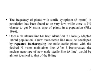 53
• The frequency of plants with sterile cytoplasm (S msms) in
population has been found to be very low, while there is 5%
chance to get N msms type of plants in a population (Pike
1986).
• Once a maintainer line has been identified in a locally adapted
inbred population, a new male-sterile line must be developed
by repeated backcrossing the male-sterile plants with the
desired N msms maintainer line. After 5 backcrosses, the
nuclear genotype of new male sterile line (A-line) would be
almost identical to that of the B-line
 