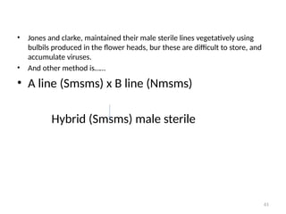 61
• Jones and clarke, maintained their male sterile lines vegetatively using
bulbils produced in the flower heads, bur these are difficult to store, and
accumulate viruses.
• And other method is……
• A line (Smsms) x B line (Nmsms)
Hybrid (Smsms) male sterile
 