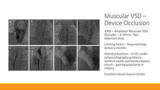 Muscular VSD –
Device Occlusion
2008 – Amplatzer Muscular VSD
Occluder – 4-18mm. Two
retention disks
Limiting factor – Required large
delivery sheaths
Hybrid procedure – In OT, under
echocardiography guidance ,
without cardio-pulmonary bypass
circuit – gaining popularity in
infancy.
Excellent shunt closure results
 