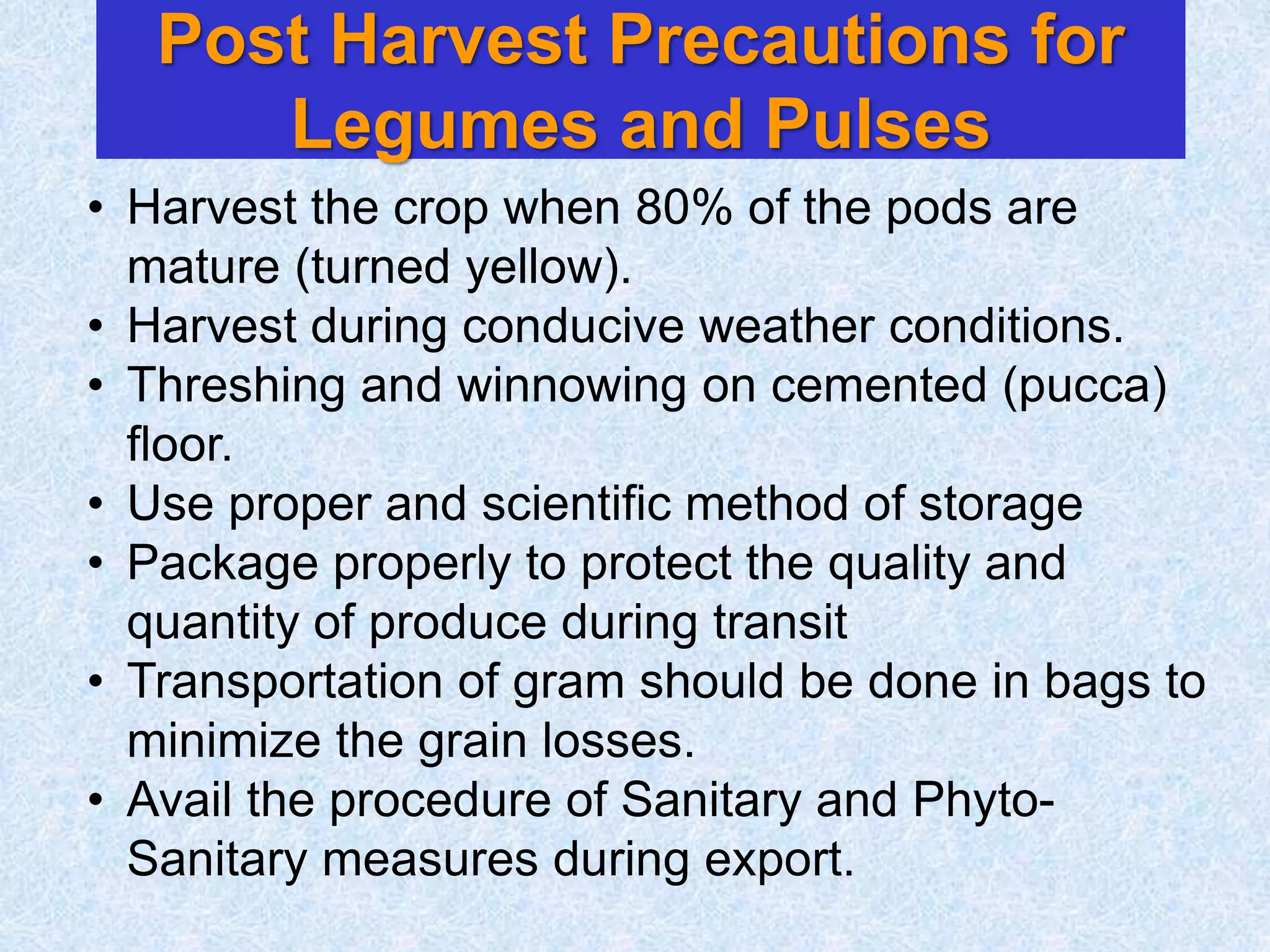 Post Harvest Precautions for
Legumes and Pulses
• Harvest the crop when 80% of the pods are
mature (turned yellow).
• Harvest during conducive weather conditions.
• Threshing and winnowing on cemented (pucca)
floor.
• Use proper and scientific method of storage
• Package properly to protect the quality and
quantity of produce during transit
• Transportation of gram should be done in bags to
minimize the grain losses.
• Avail the procedure of Sanitary and Phyto-
Sanitary measures during export.
 