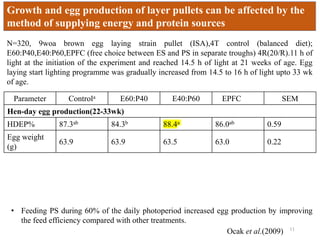 Growth and egg production of layer pullets can be affected by the
method of supplying energy and protein sources
N=320, 9woa brown egg laying strain pullet (ISA),4T control (balanced diet);
E60:P40,E40:P60,EPFC (free choice between ES and PS in separate troughs) 4R(20/R).11 h of
light at the initiation of the experiment and reached 14.5 h of light at 21 weeks of age. Egg
laying start lighting programme was gradually increased from 14.5 to 16 h of light upto 33 wk
of age.
Ocak et al.(2009)
• Feeding PS during 60% of the daily photoperiod increased egg production by improving
the feed efficiency compared with other treatments.
Parameter Controla E60:P40 E40:P60 EPFC SEM
Hen-day egg production(22-33wk)
HDEP% 87.3ab 84.3b 88.4a 86.0ab 0.59
Egg weight
(g)
63.9 63.9 63.5 63.0 0.22
11
 
