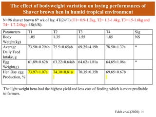 N=96 shaver brown 6th wk of lay, 4T(24/T) (T1= 0.9-1.2kg, T2= 1.3-1.4kg, T3=1.5-1.6kg and
T4= 1.7-2.0kg). 4R(6/R).
Edeh et al.(2020)
The effect of bodyweight variation on laying performances of
Shaver brown hen in humid tropical environment
Parameters T1 T2 T3 T4 Sig
Body
Weight(kg)
1.05 1.35 1.55 1.85 NS
Average
Daily Feed
Intake, g
73.50±0.29ab 75.5±0.65ab 69.25±4.19b 78.50±1.32a *
Egg
Weight(g)
61.89±0.62b 63.22±0.64ab 64.62±1.81a 64.65±1.06a *
Hen Day egg
Production, %
73.97±1.07a 74.30±0.81a 70.35±0.35b 69.65±0.67b
20
The light weight hens had the highest yield and less cost of feeding which is more profitable
to farmers.
 