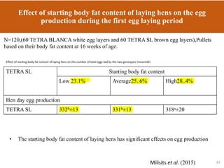 Effect of starting body fat content of laying hens on the egg
production during the first egg laying period
• The starting body fat content of laying hens has significant effects on egg production
Milisits et al. (2015)
TETRA SL Starting body fat content
Low 23.1% Average25..6% High28..4%
Hen day egg production
TETRA SL 332b±13 331b±13 318a±20
Effect of starting body fat content of laying hens on the number of total eggs laid by the two genotypes (mean±SE)
23
N=120,(60 TETRA BLANCA white egg layers and 60 TETRA SL brown egg layers),Pullets
based on their body fat content at 16 weeks of age.
 