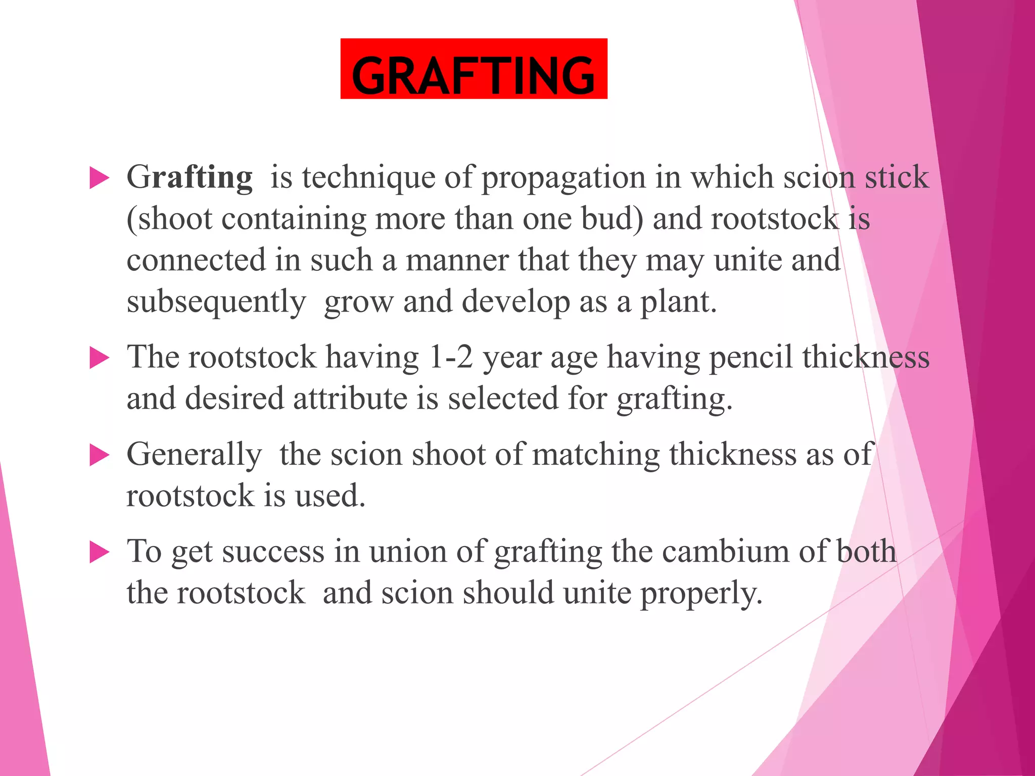 GRAFTING
 Grafting is technique of propagation in which scion stick
(shoot containing more than one bud) and rootstock is
connected in such a manner that they may unite and
subsequently grow and develop as a plant.
 The rootstock having 1-2 year age having pencil thickness
and desired attribute is selected for grafting.
 Generally the scion shoot of matching thickness as of
rootstock is used.
 To get success in union of grafting the cambium of both
the rootstock and scion should unite properly.
 