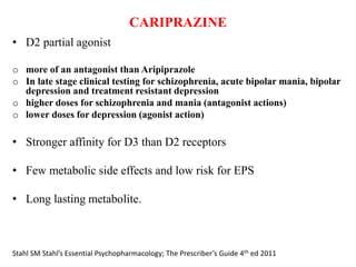 CARIPRAZINE
• D2 partial agonist
o more of an antagonist than Aripiprazole
o In late stage clinical testing for schizophrenia, acute bipolar mania, bipolar
depression and treatment resistant depression
o higher doses for schizophrenia and mania (antagonist actions)
o lower doses for depression (agonist action)
• Stronger affinity for D3 than D2 receptors
• Few metabolic side effects and low risk for EPS
• Long lasting metabolite.
Stahl SM Stahl’s Essential Psychopharmacology; The Prescriber’s Guide 4th ed 2011
 
