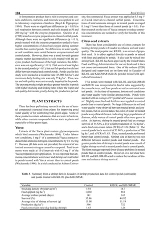 104 Boyd & Goss
A fermentation product that is rich in enzymes and con-
tains stabilizers, nutrients, and minerals was applied to soil
in laboratory respiration chambers (Boyd & Pippopinyo
1994). There were no significant differences (p > 0.05) in
soil respiration between controls and soils treated at 50 and
200 mg kg-1
with the enzyme preparation. Queiroz et al.
(1998) tested an enzyme preparation in channel catfish ponds.
Although there were no significant differences (p > 0.1),
ponds treated with the enzyme preparation tended to have
higher concentrations of dissolved oxygen during summer
months than control ponds. No differences in water quality
or soil condition were noted between enzyme-treated and
control ponds. However, there was a trend towards greater
organic matter decomposition in soils treated with the en-
zyme product, but because of the high variation, the differ-
ence was not significant (p > 0.1). Fish survival was higher
in the treated ponds (p > 0.1), but net fish production did not
differ between treated and control ponds. Ponds used in this
study were stocked at a moderate rate (15,000 fish ha-1
) and
maximum daily feeding rate was only 75 kg ha-1
. Thus, wa-
ter and soil quality were not severely impaired in the ponds.
The enzyme product might produce greater benefits in ponds
with higher stocking and feeding rates where the water and
soil quality deteriorate greatly during the production period.
PLANT EXTRACTS
There has been preliminary research on the use of natu-
ral compounds extracted from plants for improving pond
water quality or for controlling blue-green algae. Some of
these products contain substances that are toxic to bacteria,
while others contain compounds that are toxic to plants and
especially to blue-green algae.
Yucca
Extracts of the Yucca plant contain glycocomponents
which bind ammonia (Wacharonke 1994). Under labora-
tory conditions, 1 mg l-1
of a commercial Yucca extract re-
duced total ammonia nitrogen concentrations by 0.1-0.2 mg
l-1
. Because pH data were not provided, the removal of un-
ionized ammonia nitrogen cannot be computed. Pond treat-
ments were made at 15-d intervals with 0.3 mg l-1
of the
Yucca preparation per application. It was reported that am-
monia concentrations were lower and shrimp survival better
in ponds treated with Yucca extract than in control ponds
(Wacharonke 1994). In a trial conducted at Auburn Univer-
sity, the commercial Yucca extract was applied at 0.3 mg l-1
at 2-week intervals to channel catfish ponds. Concentra-
tions of total ammonia nitrogen in treated ponds averaged
0.1 mg l-1
lower than those of control ponds (p > 0.1). Fur-
ther research on the use of Yucca extracts to reduce ammo-
nia concentrations are needed to verify the benefits of this
treatment.
Citrus seed extracts
There has been considerable use of citrus extracts for
treating shrimp ponds in Ecuador to enhance soil and water
quality. The most popular one, KILOL, is an extract of grape-
fruit seed. It is either applied directly to ponds or mixed
with lime and applied to ponds. It also can be mixed into
shrimp feed. KILOL has been approved by the United States
Food and Drug Administration for use on foods and it does
not cause environmental harm. One of the authors (CEB)
designed and supervised an on-farm trial in Ecuador of
KILOL and KILOMAR (KILOL powder mixed with agri-
cultural limestone).
Five ponds were treated with KILOL and KILOMAR
and KILOL was incorporated in feed at rates suggested by
the manufacturer, and four ponds served as untreated con-
trol ponds. At the time of treatment, bottom soil conditions
and water quality were similar among ponds. Ponds were
stocked with an average of 15 postlarval Penaeus vannamei/
m2
. Slightly more feed and fertilizer were applied to control
ponds than to treated ponds. No large differences in soil and
water quality were observed between treated ponds and con-
trol ponds, but on several dates, the color of water in treated
ponds was yellowish brown, indicating large populations of
diatoms, while waters of control ponds often were green in
color. At harvest, shrimp in treated ponds had an average
survival of 44.92%, a live weight production of 732 kg ha-1
,
and a feed conversion ration (FCR) of 1.26 (Table 3). The
control ponds had a survival of 35.86%, a production of 596
kg ha-1
, and a FCR of 1.83. Thus, treated ponds performed
better than control ponds. Shrimp size at harvest was not
different between control ponds and treated ponds. The
greater production of shrimp in treated ponds was a result of
higher shrimp survival in treated ponds than in control ponds.
The farm manager reported fewer disease problems in treated
ponds than in control ponds. However, it is not clear how
KILOL and KILOMAR acted to reduce the incidence of dis-
ease and enhance shrimp survival.
Table 3. Summary from a shrimp farm in Ecuador of shrimp production data for control ponds (untreated)
and ponds treated with KILOL plus KILOMAR.
Variable Control KILOL and KILOMAR
Stocking density (Postlarvae/m2
) 15.0 14.7
Feed applied (kg ha-1
) 1,060 884
Average culture period (days) 141 143
Survival (%) 35.86 44.92
Average size of shrimp at harvest (g) 11.08 11.19
Production (kg ha-1
) 596 732
Feed conversion ratio (kg feed/kg shrimp) 1.83 1.26
 