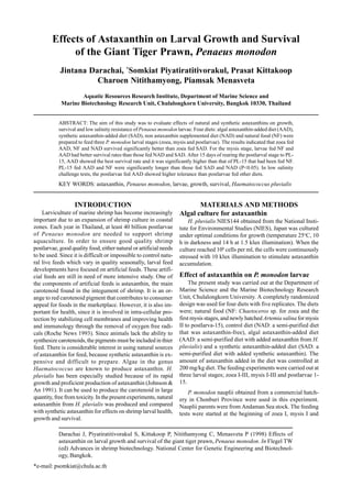 Darachai J, Piyatiratitivorakul S, Kittakoop P, Nitithamyong C, Menasveta P (1998) Effects of
astaxanthin on larval growth and survival of the giant tiger prawn, Penaeus monodon. In Flegel TW
(ed) Advances in shrimp biotechnology. National Center for Genetic Engineering and Biotechnol-
ogy, Bangkok.
*e-mail: psomkiat@chula.ac.th
Effects of Astaxanthin on Larval Growth and Survival
of the Giant Tiger Prawn, Penaeus monodon
Jintana Darachai, *
Somkiat Piyatiratitivorakul, Prasat Kittakoop
Charoen Nitithamyong, Piamsak Menasveta
Aquatic Resources Research Institute, Department of Marine Science and
Marine Biotechnology Research Unit, Chulalongkorn University, Bangkok 10330, Thailand
ABSTRACT: The aim of this study was to evaluate effects of natural and synthetic astaxanthins on growth,
survival and low salinity resistance of Penaeus monodon larvae. Four diets: algal astaxanthin-added diet (AAD),
synthetic astaxanthin-added diet (SAD), non astaxanthin supplemented diet (NAD) and natural food (NF) were
prepared to feed three P. monodon larval stages (zoea, mysis and postlarvae). The results indicated that zoea fed
AAD, NF and NAD survived significantly better than zoea fed SAD. For the mysis stage, larvae fed NF and
AAD had better survival rates than those fed NAD and SAD. After 15 days of rearing the postlarval stage to PL-
15, AAD showed the best survival rate and it was significantly higher than that of PL-15 that had been fed NF.
PL-15 fed AAD and NF were significantly longer than those fed SAD and NAD (P<0.05). In low salinity
challenge tests, the postlarvae fed AAD showed higher tolerance than postlarvae fed other diets.
KEY WORDS: astaxanthin, Penaeus monodon, larvae, growth, survival, Haematococcus pluvialis
INTRODUCTION
Larviculture of marine shrimp has become increasingly
important due to an expansion of shrimp culture in coastal
zones. Each year in Thailand, at least 40 billion postlarvae
of Penaeus monodon are needed to support shrimp
aquaculture. In order to ensure good quality shrimp
postlarvae, good quality food, either natural or artificial needs
to be used. Since it is difficult or impossible to control natu-
ral live feeds which vary in quality seasonally, larval feed
developments have focused on artificial feeds. These artifi-
cial feeds are still in need of more intensive study. One of
the components of artificial feeds is astaxanthin, the main
carotenoid found in the integument of shrimp. It is an or-
ange to red carotenoid pigment that contributes to consumer
appeal for foods in the marketplace. However, it is also im-
portant for health, since it is involved in intra-cellular pro-
tection by stabilizing cell membranes and improving health
and immunology through the removal of oxygen free radi-
cals (Roche News 1993). Since animals lack the ability to
synthesize carotenoids, the pigments must be included in thier
feed. There is considerable interest in using natural sources
of astaxanthin for feed, because synthetic astaxanthin is ex-
pensive and difficult to prepare. Algae in the genus
Haematococcus are known to produce astaxanthin. H.
pluvialis has been especially studied because of its rapid
growth and proficient production of astaxanthin (Johnson &
An 1991). It can be used to produce the carotenoid in large
quantity, free from toxicity. In the present experiments, natural
astaxanthin from H. pluvialis was produced and compared
with synthetic astaxanthin for effects on shrimp larval health,
growth and survival.
MATERIALS AND METHODS
Algal culture for astaxanthin
H. pluvialis NIES144 obtained from the National Insti-
tute for Environmental Studies (NIES), Japan was cultured
under optimal conditions for growth (temperature 25o
C, 10
h in darkness and 14 h at 1.5 klux illumination). When the
culture reached 106
cells per ml, the cells were continuously
stressed with 10 klux illumination to stimulate astaxanthin
accumulation.
Effect of astaxanthin on P. monodon larvae
The present study was carried out at the Department of
Marine Science and the Marine Biotechnology Research
Unit, Chulalongkorn University. A completely randomized
design was used for four diets with five replicates. The diets
were; natural food (NF: Chaetoceros sp. for zoea and the
first mysis stages, and newly hatched Artemia salinafor mysis
II to postlarva-15), control diet (NAD: a semi-purified diet
that was astaxanthin-free), algal astaxanthin-added diet
(AAD: a semi-purified diet with added astaxanthin from H.
pluvialis) and a synthetic astaxanthin-added diet (SAD: a
semi-purified diet with added synthetic astaxanthin). The
amount of astaxanthin added in the diet was controlled at
200 mg/kg diet. The feeding experiments were carried out at
three larval stages; zoea I-III, mysis I-III and postlarvae 1-
15.
P. monodon nauplii obtained from a commercial hatch-
ery in Chonburi Province were used in this experiment.
Nauplii parents were from Andaman Sea stock. The feeding
tests were started at the beginning of zoea I, mysis I and
 
