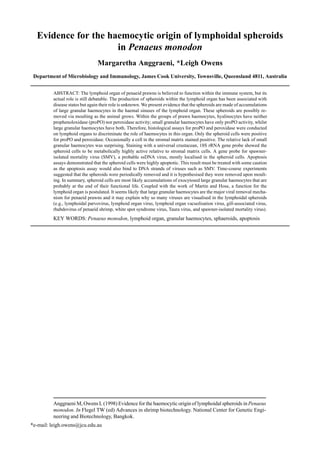 Anggraeni M, Owens L (1998) Evidence for the haemocytic origin of lymphoidal spheroids inPenaeus
monodon. In Flegel TW (ed) Advances in shrimp biotechnology. National Center for Genetic Engi-
neering and Biotechnology, Bangkok.
*e-mail: leigh.owens@jcu.edu.au
Evidence for the haemocytic origin of lymphoidal spheroids
in Penaeus monodon
Margaretha Anggraeni, *Leigh Owens
Department of Microbiology and Immunology, James Cook University, Townsville, Queensland 4811, Australia
ABSTRACT: The lymphoid organ of penaeid prawns is believed to function within the immune system, but its
actual role is still debatable. The production of spheroids within the lymphoid organ has been associated with
disease states but again their role is unknown. We present evidence that the spheroids are made of accumulations
of large granular haemocytes in the haemal sinuses of the lymphoid organ. These spheroids are possibly re-
moved via moulting as the animal grows. Within the groups of prawn haemocytes, hyalinocytes have neither
prophenoloxidase (proPO) nor peroxidase activity; small granular haemocytes have only proPO activity, whilst
large granular haemocytes have both. Therefore, histological assays for proPO and peroxidase were conducted
on lymphoid organs to discriminate the role of haemocytes in this organ. Only the spheroid cells were positive
for proPO and peroxidase. Occasionally a cell in the stromal matrix stained positive. The relative lack of small
granular haemocytes was surprising. Staining with a universal crustacean, 18S rRNA gene probe showed the
spheroid cells to be metabolically highly active relative to stromal matrix cells. A gene probe for spawner-
isolated mortality virus (SMV), a probable ssDNA virus, mostly localised in the spheroid cells. Apoptosis
assays demonstrated that the spheroid cells were highly apoptotic. This result must be treated with some caution
as the apoptosis assay would also bind to DNA strands of viruses such as SMV. Time-course experiments
suggested that the spheroids were periodically removed and it is hypothesised they were removed upon moult-
ing. In summary, spheroid cells are most likely accumulations of exocytosed large granular haemocytes that are
probably at the end of their functional life. Coupled with the work of Martin and Hose, a function for the
lymphoid organ is postulated. It seems likely that large granular haemocytes are the major viral removal mecha-
nism for penaeid prawns and it may explain why so many viruses are visualised in the lymphoidal spheroids
(e.g., lymphoidal parvovirus, lymphoid organ virus, lymphoid organ vacuolisation virus, gill-associated virus,
rhabdovirus of penaeid shrimp, white spot syndrome virus, Taura virus, and spawner-isolated mortality virus).
KEY WORDS: Penaeus monodon, lymphoid organ, granular haemocytes, sphaeroids, apoptosis
 