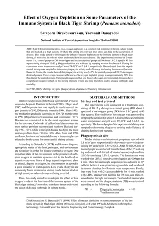 Direkbusarakom S, Danayadol Y (1998) Effect of oxygen depletion on some parameters of the im-
mune system in black tiger shrimp (Penaeus monodon). In Flegel TW (ed) Advances in shrimp bio-
technology. National Center for Genetic Engineering and Biotechnology, Bangkok.
INTRODUCTION
Intensive cultivation of the black tiger shrimp, Penaeus
monodon, began in Thailand in the mid 1980’s (Flegel et al.
1995) and the production rose rapidly to reach a record ex-
port quantity of 190,650 metric tonnes in 1994. Since 1995,
the production gradually decreased to 130,728 metric tones
in 1997 (Department of Economics and Commerce 1997).
Diseases are considered to be the most importanct causes
for this decrease. Outbreaks of yellow head disease were the
most serious problem in central and southern Thailand dur-
ing 1993-1994, while white spot disease has been the most
serious problem from 1994 to 1996. Also, from mid 1996
until now, luminescent bacterial disease is increasingly con-
sidered to be the cause for unsuccessful shrimp culture.
According to Snieszko’s (1974) well-known diagram,
appropriate states of the host, pathogen, and environment
are necessary in order for disease outbreaks to occur. One
important state of the environment is the presence of suffi-
cient oxygen to maintain systems vital to the health of an
aquatic ecosystem. Since all large aquatic organisms, plant
or animal, depend on oxygen, its concentration in a pond is
a good indicator of water quality. Low levels of oxygen are
commonly found in intensive shrimp ponds that are stocked
at high density or where shrimp are being over fed.
Thus, this study aimed to investigate the effect of low
oxygen levels on the function of the immune system of the
black tiger shrimp, P monodon, in order to better understand
the cause of disease outbreaks in culture ponds.
MATERIALS AND METHODS
Shrimp and test protocol
The experiments were conducted in 2 treatments con-
sisting of 10-15 g shrimp in a control group (DO about 6
ppm) and a low oxygen group (DO about 1.8-2 ppm) in 40
liter aquaria. The condition of low oxygen was generated by
stopping the aeration for about 6 h. During these experiments
water temperature and pH were 29-30°C and 7.9-8.1, re-
spectively. The haemolymph of the experimental shrimp was
sampled to determine phagocytic activity and efficiency of
clearing luminescent bacteria.
Phagocytosis in vivo
Twelve shrimp in each treatment group were injected with
0.1 ml of yeast suspension (Saccharomyces cerevisiae) con-
taining 107
cells/ml in 0.85% NaCl. After 30 min, 0.2 ml of
haemolymph was collected from the base of the 3th
walking
leg and mixed with 0.4 ml of lobster haemolymph medium
(LHM) containing 0.5% L-cystein. The haemocytes were
washed with LHM 3 times by centrifugation at 5000 rpm for
2 min. Then the haemocyte suspension was adjusted to 106
cells/ml before it was spread on a glass slide and incubated
in a moist chamber for 45 min at room temperature. Finally,
they were fixed with 2% glutaraldehyde for 10 min, washed
with LHM, stained with Giemsa for 30 min, and then ob-
served under the light microscope. Two hundred haemocytes
were counted and the phagocytosis rate (PR) was calculated
according to the following formula:
PR = Phagocytic hemocytes x 100
Total haemocytes
Effect of Oxygen Depletion on Some Parameters of the
Immune System in Black Tiger Shrimp (Penaeus monodon)
Sataporn Direkbusarakom, Yaowanit Danayadol
National Institute of Coastal Aquaculture Songkhla Thailand 90000
ABSTRACT: Environmental stress (e.g., oxygen depletion) is a common risk in intensive shrimp culture ponds
that are stocked at a high density or where the shrimp are over fed. This stress can lead to the occurrence of
disease. This study aimed to investigate the effect of oxygen depletion on the immune system in black tiger
shrimp, P. monodon, in order to better understand how it causes disease. The experiments consisted of 2 treat-
ments (i.e., control groups at DO about 6 ppm and oxygen depleted groups at DO about 1.8-2.0 ppm) in 40 liter
aquaria using shrimp of 10-15 g. Oxygen depletion was achieved by stopping aeration for about 6 h. During the
experiment water temperature and pH were 29-30°C and 7.9-8.1, respectively. Haemolymph from the experi-
mental shrimp was sampled to determine phagocytic activity and efficiency in clearing luminescent bacteria.
Based on 5 trials, the results showed that phagocytic activity was 34.7% for control groups and 28.3% in oxygen
depleted groups. The average clearance efficiency of the oxygen depleted groups was approximately 50% less
than that of the control groups. These results suggested that low dissolved oxygen environmental stress can have
a significant negative affect on the shrimp immune system and may therefore lead to disease outbreaks and
mortality.
KEYWORDS: shrimp, oxygen, phagocytosis, clearance efficiency Introduction
 