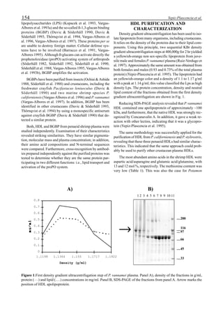 154 Yepiz-Plascencia et al.
lipopolysaccharides (LPS) (Kopacek et al. 1993, Vargas-
Albores et al. 1993a) and the so-called ß-1,3-glucan binding
proteins (BGBP) (Duvic & Söderhäll 1990, Duvic &
Söderhäll 1993, Thörnqvist et al. 1994, Vargas-Albores et
al. 1996, Vargas-Albores et al. 1997). These proteins per se
are unable to destroy foreign matter. Cellular defense sys-
tems have to be involved (Barracco et al. 1991, Vargas-
Albores 1995). Although ß-glucans can activate directly the
prophenoloxidase (proPO) activating system of arthropods
(Söderhäll 1982, Söderhäll 1992, Söderhäll et al. 1990,
Söderhäll et al. 1988, Vargas-Albores 1995, Vargas-Albores
et al. 1993b), BGBP amplifies the activation.
BGBPs have been purified from insects (Ochiai & Ashida
1988, Söderhäll et al. 1988) and crustaceans, including the
freshwater crayfish Pacifastacus leniusculus (Duvic &
Söderhäll 1990) and two marine shrimp species P.
californiensis (Vargas-Albores et al. 1996) and P. vannamei
(Vargas-Albores et al. 1997). In addition, BGBP has been
identified in other crustaceans (Duvic & Söderhäll 1993,
Thörnqvist et al. 1994) by using a monospecific antiserum
against crayfish BGBP (Duvic & Söderhäll 1990) that de-
tected a similar protein.
Both, HDL and BGBP from penaeid shrimp plasma were
studied independently. Examination of their characteristics
revealed striking similarities. They have similar pigmenta-
tion, molecular mass and plasma concentration; in addition,
their amino acid compositions and N-terminal sequences
were compared. Furthermore, cross-recognition by antibod-
ies prepared independently against the purified proteins was
tested to determine whether they are the same protein par-
ticipating in two different functions: i.e., lipid transport and
activation of the proPO system.
HDL PURIFICATION AND
CHARACTERIZATION
Density gradient ultracentrifugation has been used to iso-
late lipoprotein from many organisms, including crustaceans.
It relies on the density of the proteins due to their lipid com-
ponents. Using this principle, two sequential KBr density
gradient ultracentrifugation steps at 400,000g for 2 hr yielded
a yellowish-orange non sex-specific lipoprotein from juve-
nile male and females P. vannamei plasma (Ruiz-Verdugo et
al. 1997). Approximately the same amount was obtained from
both females and males (0.93 and 0.73% of the total plasma
protein) (Yepiz-Plascencia et al. 1995). The lipoprotein had
an yellowish-orange color and a density of 1.1 to 1.17 g/ml
with a peak at 1.14 g/ml; this value classified the Lps as high
density Lps. The protein concentration, density and neutral
lipid content of the fractions obtained from the first density
gradient ultracentrifugation are shown in Fig. 1.
Reducing SDS-PAGE analysis revealed that P. vannamei
HDL contained one apolipoprotein of approximately ~100
kDa, and furthermore, that the native HDL was strongly rec-
ognized by Concanavalin A. In addition, it gave a weak re-
action with other lectins, indicating that it was a glycopro-
tein (Yepiz-Plascencia et al. 1995).
The same methodology was successfully applied for the
purification of HDL from P. californienesis and P. stylirostris,
revealing that these three penaeid HDLs had similar charac-
teristics. This indicated that the same approach could prob-
ably be used to purify other crustacean plasma HDLs.
The most abundant amino acids in the shrimp HDL were
aspartic acid/asparagine and glutamic acid/glutamine, with
13 and 12 mol %, respectively. The methionine comtent was
very low (Table 1). This was also the case for Potamon
A) B)
0
0.1
0.2
0.3
0.4
0.5
0.6
0.7
0.8
1.1198 1.1364 1.155 1.1717 1.1922
Density (g/ml)
200
45
33
1 2 3 4 5 6 7 8 9 10 11
66
116
97
Figure 1.First density gradient ultracentrifugation step of P. vannamei plasma. Panel A), density of the fractions in g/ml,
protein (____
) and lipid (….) concentrations in mg/ml. Panel B, SDS-PAGE of the fractions from panel A. Arrow marks the
position of HDL apolipoprotein.
 