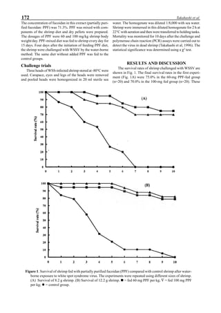 172 Takahashi et al.
The concentration of fucoidan in this extract (partially puri-
fied fucoidan: PPF) was 71.3%. PPF was mixed with com-
ponents of the shrimp diet and dry pellets were prepared.
The dosages of PPF were 60 and 100 mg/kg shrimp body
weight/day. PPF-mixed diet was fed to shrimp every day for
15 days. Four days after the initiation of feeding PPF diet,
the shrimp were challenged with WSSV by the water-borne
method. The same diet without added PPF was fed to the
control groups.
Challenge trials
Three heads of WSS-infected shrimp stored at -80°C were
used. Carapace, eyes and legs of the heads were removed
and pooled heads were homogenized in 20 ml sterile sea
water. The homogenate was diluted 1/8,000 with sea water.
Shrimp were immersed in this diluted homogenate for 2 h at
22°C with aeration and then were transferred to holding tanks.
Mortality was monitored for 10 days after the challenge and
polymerase chain reaction (PCR) assays were carried out to
detect the virus in dead shrimp (Takahashi et al, 1996). The
statistical significance was determined using a χ2
test.
RESULTS AND DISCUSSION
The survival rates of shrimp challenged with WSSV are
shown in Fig. 1. The final survival rates in the first experi-
ment (Fig. 1A) were 75.0% in the 60-mg PPF-fed group
(n=20) and 70.0% in the 100-mg fed group (n=20). These
Figure 1. Survival of shrimp fed with partially purified fucoidan (PPF) compared with control shrimp after water-
borne exposure to white spot syndrome virus. The experiments were repeated using different sizes of shrimp.
(A) Survival of 8.2 g shrimp. (B) Survival of 12.2 g shrimp. n = fed 60 mg PPF per kg; ∇ = fed 100 mg PPF
per kg; l = control group.
 