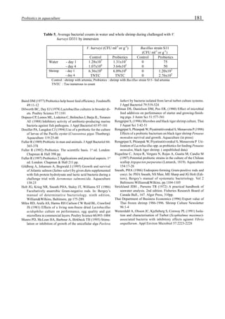 181Probiotics in aquaculture
Baird DM (1977) Probiotics help boost feed efficiency. Feedstuffs
49:11-12
Dilworth BC, Day EJ (1978) Lactobacillus cultures in brooder di-
ets. Poultry Science 57:1101
Dopazo CP, Lemos ML, Lodeiros C, Bolinches J, Barja JL, Toranzo
AE (1988) Inhibitory activity of antibiotic-producing marine
bacteria against fish pathogens. J Appl Bacteriol 65:97-101
Douillet PA, Langdon CJ (1994) Use of a probiotic for the culture
of larvae of the Pacific oyster (Crassostrea gigas Thunberg).
Aquaculture 119:25-40
Fuller R (1989) Probiotic in man and animals. J Appl Bacteriol 66:
365-378
Fuller R (1992) Probiotics: The scientific basis. 1st
ed. London:
Chapman & Hall 398 pp.
Fuller R (1997) Probiotics 2 Applications and practical aspects. 1st
ed. London: Chapman & Hall 211 pp.
Gildberg A, Johansen A, Bogwald J (1995) Growth and survival
of Atlantic salmon (Salmo salar) fry given diets supplemented
with fish protein hydrolysate and lactic acid bacteria during a
challenge trial with Aeromonas salmonicida. Aquaculture
138:23
Holt JG, Krieg NR, Sneath PHA, Staley JT, Williams ST (1986)
Facultatively anaerobic Gram-negative rods. In: Bergey’s
manual of determinative bacteriology. ninth edition,
William&Wilkins, Baltimore, pp 175-289.
Miles RD, Arafa AS, Harms RH Carlson CW Reid BL, Crawford
JS (1981) Effects of a living non-freeze dried Lactobacillus
acidophilus culture on performance, egg quality and gut
microflora in commercial layers. Poultry Science 60;993-1004
Munro PD, McLean HA, Barbour A, Birkbeck TH (1995) Stimu-
lation or inhibition of growth of the unicellular alga Pavlova
Table 5. Average bacterial counts in water and whole shrimp during challenged with V.
harveyi D331 by immersion
V. harveyi (CFU ml-1
or g-1
) Bacillus strain S11
(CFU ml-1
or g-1
)
Control Probiotics Control Probiotics
Water - day 1 1.28x107
1.31x107
0 75
- day 4 1.07x106
3.64x105
0 50
Shrimp - day 1 6.36x106
6.09x106
0 1.20x103
- day 4 TNTC TNTC 0 2.76x102
Control : shrimp with artemia; Probiotics : shrimp with Bacillus strain S11- fed artemia
TNTC : Too numerous to count
lutheri by bacteria isolated from larval turbot culture systems.
J Appl Bacteriol 79:519-524
Pollman DS, Danielson DM, Peo ER, (1980) Effect of microbial
feed additives on performance of starter and growing-finish-
ing pigs. J Anim Sci 51:577-581
Rengpipat S, (1996) Microbes and black tiger shrimp culture. Thai
J Aquat Sci 3:42-51
Rengpipat S, Phianpak W, Piyatiratitivorakul S, Menasveta P (1998)
Effects of a probiotic bacterium on black tiger shrimp Penaeus
monodon survival and growth. Aquaculture (in press)
Rengpipat S, Phianpak W, Piyatiratitivorakul S, Menasveta P Uti-
lization of Lactobacillus spp. as probiotics for feeding Penaeus
monodon, black tiger shrimp. ( unpublished data)
Riquelme C, Araya R, Vergara N, Rojas A, Guaita M, Candia M
(1997) Potential probiotic strains in the culture of the Chilean
scallop Argopecten purpuratus (Lamarck, 1819). Aquaculture
154:17-26
Sneath, PHA (1986) Endospore-forming Gram-positive rods and
cocci. In: PHA Sneath, NS Mair, ME Sharp and JG Holt (Edi-
tors), Bergey’s manual of systematic bacteriology. Vol 2
Baltimore:Williams&Wilkins, pp.1104-1105
Strickland JDH , Parsons TR (1972) A practical handbook of
seawater analysis. 2nd edition. Fisheries Research Board of
Canada Bull., 167. Alger Press, 310pp.
Thai Department of Business Economics (1996) Export value of
Thai frozen shrimp 1986-1996. Shrimp Culture Newsletter
96:1-4
Westerdahl A, Olsson JC, Kjelleberg S, Conway PL (1991) Isola-
tion and characterisation of Turbot (Scophtalmus maximus)-
associated bacteria with inhibitory effects agianst Vibrio
anguillarum. Appl Environ Microbiol 57:2223-2228
 
