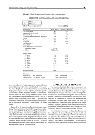 23Alternatives in shrimp biowaste processing
some cases, the use of high temperatures has caused much
chemical damage and resulted in end products of low qual-
ity. Since the physico chemical qualitative assessment of
biopolymers requires specific expertise, many low quality
chitosans have entered the market. There is a need for inter-
national criteria for chitin quality and for a reference centre
that can check for compliance with these criteria. (see Fig. 3
for an example of a possible quality report). The Bioprocess
Technology Program at the Asian Institute of Technology
has the objective to realize such a center for the S. E. Asian
region.
Research on the prevention of proteineous waste water
during chemical treatment has lead to a significant reduc-
tion in released BOD. On the basis of the present technol-
ogy, high quality chitin and chitosan can be produced chemi-
cally in a sustainable way. In the biotechnological method,
there is actually no waste left, the protein hydrolysate is col-
lected as a human food supplement and the chitin/calcium
carbonate is used to make chitosan. If in future a technical
process becomes available for biocatalytic deacetylation, the
whole process would be truly sustainable.
Figure 3. Model for a chitin and chitosan quality assurance sheet.
CHITIN AND CHITOSAN QUALITY ASSURANCE FORM
Chitin
ü Chitosan
(Tick whatever appropriate) Grade GRAND
Parameters Mean Value Standard Deviation
% Deacetylation 85 0.5
Apparent Viscosity (cps) 1500 50
Intrinsic (dL/g) 14.5 1.0
Viscosity Average Molecular Weight (106
) 1.8 0.2
% Ash 0.45 0.05
% Moisture 10.0 0.1
% Protein 0.1 0.03
Turbidity (NTU) 2 0.1
% Insoluble 0
Solid (Qualitative Observation)
- Sample size (mesh) 14~20
- Color Milky white
Heavy Metals
- Cu (ppm) 0.02 0.00
- Fe (ppm) 0.08 0.00
- Cd (ppm) 0.02 0.00
- Ni (ppm) 0.01 0.00
- Cr (ppm) 0.02 0.00
- Zn (ppm) 0.02 0.00
- Hg (ppb) < 2 -
- As (ppb) < 2 -
Coliform groups None
Comments :
Prepared by : Ng Chuen How Date : 25 Sept 1998
Approved by : Prof. Willem Stevens Date : 26 Sept 1998
AVAILABILITY OF BIOWASTE
The amounts of chitin in the world are immense. It has
been estimated that the total amount of chitin equals or even
exceeds the amount of wood cellulose. Chitin is an impor-
tant component of fungal cell walls, it is the building mate-
rial for insect exoskeletons and together with calcium car-
bonate, it forms the rigid structure of the crustacean shell.
However, in comparison to cellulose, the possibilities for
collection of chitin are much more limited. The fungi and
insects are highly dispersed in nature and most of the crusta-
ceans are in the deep sea. One source for chitin might be the
mycelium of industrially produced fungi, but recovery from
that source does not seem very promising at this time.
The most attractive sources are the crab and shrimp sea
food industries. At places where large volumes of crab and
shrimp meat are processed, nearly equal amounts of biowaste
are generated. For the time being only a small fraction of
total crab and shrimp biowaste is being processed into chitin.
Most of it is discarded if not used for food. The logical places
to produce chitin and chitosan are areas where the biowaste
 