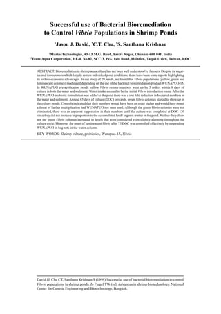 David JJ, Chu CT, Santhana Krishnan S (1998) Successful use of bacterial bioremediation to control
Vibrio populations in shrimp ponds. In Flegel TW (ed) Advances in shrimp biotechnology. National
Center for Genetic Engineering and Biotechnology, Bangkok.
Successful use of Bacterial Bioremediation
to Control Vibrio Populations in Shrimp Ponds
1
Jason J. David, 2
C.T. Chu, 1
S. Santhana Krishnan
1
MarineTechnologies, 43-13 M.G. Road, Sastri Nagar, Chennai-600 041, India
2
Team Aqua Corporation, HF-4, No.82, SCC.3, Pel-11sin Road, Hsintien, Taipei 11sicn, Taiwan, ROC
ABSTRACT: Bioremediation in shrimp aquaculture has not been well understood by farmers. Despite its vagar-
ies and its responses which largely rest on individual pond conditions, there have been some reports highlighting
its techno-economic advantages. In our study of 29 ponds, we found that Vibrio populations (yellow, green and
luminescent colonies) modulated depending on the use of the bacterial bioremediation product WUNAPUO-15.
In WUNAPUO pre-application ponds yellow Vibrio colony numbers went up by 3 orders within 8 days of
culture in both the water and sediment. Water intake seemed to be the initial Vibrio introduction route. After the
WUNAPUO probiotic formulation was added to the pond there was a one fold reduction in bacterial numbers in
the water and sediment. Around 65 days of culture (DOC) onwards, green Vibrio colonies started to show up in
the culture ponds. Controls indicated that their numbers would have been an order higher and would have posed
a threat of further multiplication had WUNAPUO not been used. Although the green Vibrio colonies were not
eliminated, there was an apparent suppression in their numbers until the culture was completed at DOC 130
since they did not increase in proportion to the accumulated feed / organic matter in the pond. Neither the yellow
nor the green Vibrio colonies increased to levels that were considered even slightly alarming throughout the
culture cycle. Moreover the onset of luminescent Vibrio after 75 DOC was controlled effectively by suspending
WUNAPUO in bag nets in the water column.
KEY WORDS: Shrimp culture, probiotics, Wunapuo-15, Vibrio
 