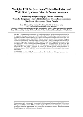 Wongteerasupaya C, Boonsaeng V, Tongchuea W, Sitidilokratana N, Kanchanaphum P, Klinputsorn
R, Panyim S (1998) Multiplex PCR for detection of yellow-head virus and white spot syndrome virus
in Penaeus monodon. In Flegel TW (ed) Advances in shrimp biotechnology. National Center for
Genetic Engineering and Biotechnology, Bangkok.
Multiplex PCR for Detection of Yellow-Head Virus and
White Spot Syndrome Virus in Penaeus monodon
1
Chainarong Wongteerasupaya, 3
Vichai Boonsaeng
2
Wansika Tongchuea, 2
Nusra Sitidilokratana, 3
Panan Kanchanaphum
3
Ratchanee Klinputsorn, 3
Sakol Panyim
1
Dept of Biochemistry, Faculty of Medicine, Srinakharinwirot University
Soi 23 Sukhumvit Road, Bangkok 10110, Thailand
2
National Center for Genetic Engineering and Biotechnology, Rama 6 Road, Bangkok 10400, Thailand,
3
Dept of Biochemistry, Faculty of Science, Mahidol University, Rama 6 Road, Bangkok 10400, Thailand
ABSTRACT: The polymerase chain reaction (PCR) applied in diagnostic and epidemiologic investigations has
the very useful advantages of sensitivity, specificity and rapidity. We have developed a method for the simulta-
neous detection of both genomic RNA and DNA for two different species of shrimp viruses, yellow-head virus
(YHV) and white-spot syndrome virus (WSSV), which are currently the cause of very serious and widespread
losses in the shrimp industry in Thailand and in Asia. We describe a method which allows rapid diagnosis by
performing a single step of extraction for both RNA and DNA using TrizolTM
reagent. The co-extract was then
used for successful nucleic acid amplification in a multiplex RT-PCR reaction employing the SuperScript One-
Step RT-PCR process with primers 10F-144R for YHV and primers WSV4.2F-WSV4.2R3 for WSSV. This
multiplex RT-PCR assay system is convenient and sensitive and should be useful to shrimp aquaculturists for
simultaneous detection of YHV and WSSV in post-larvae and broodstock of P. monodon and in other asympto-
matic carriers.
KEY WORDS: Multiplex PCR, Penaeus monodon, yellow-head virus, white spot syndrome virus
 