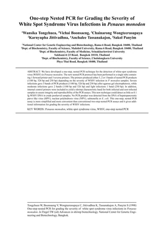 Tongchuea W, Boonsaeng V, Wongteerasupaya C, Jittivadhna K, Tassanakajon A, Panyim S (1998)
One-step nested PCR for grading the severity of white spot syndrome virus infections in Penaeus
monodon. In Flegel TW (ed) Advances in shrimp biotechnology. National Center for Genetic Engi-
neering and Biotechnology, Bangkok.
One-step Nested PCR for Grading the Severity of
White Spot Syndrome Virus Infections in Penaeus monodon
1
Wansika Tongchuea, 2
Vichai Boonsaeng, 3
Chainarong Wongteerasupaya
2
Karnyupha Jittivadhna, 4
Anchalee Tassanakajon, 2
Sakol Panyim
1
National Center for Genetic Engineering and Biotechnology, Rama 6 Road, Bangkok 10400, Thailand
2
Dept. of Biochemistry, Faculty of Science, Mahidol University, Rama 6 Road, Bangkok 10400, Thailand
3
Dept. of Biochemistry, Faculty of Medicine, Srinakharinwirot University
Sukhumvit 23 Road, Bangkok 10110, Thailand
4
Dept. of Biochemistry, Faculty of Science, Chulalongkorn University
Phya Thai Road, Bangkok 10400, Thailand
ABSTRACT: We have developed a one-step, nested PCR technique for the detection of white-spot syndrome
virus (WSSV) in Penaeus monodon. The new nested PCR protocol has been performed in a single tube contain-
ing 1 forward primer and 3 reverse primers. The primers produced either 3, 2 or 1 bands of nested PCR products
(1100 bp, 526 bp and 250 bp) depending on the severity of WSSV infection in P. monodon samples. Severe
infections gave 3 bands of PCR products (1100 bp, 526 bp and 250 bp) after agarose gel electrophoresis, while
moderate infections gave 2 bands (1100 bp and 526 bp) and light infections 1 band (250 bp). In addition,
internal control primers were included to yield a shrimp characteristic band for both infected and non-infected
samples to assure integrity and reproducibility of the PCR assays. This new technique could detect as little as 0.1
fg WSSV DNA in crude postlarval samples. No PCR product was detected from the DNA of hepatopancreatic
parvo like virus (HPV), nuclear polyhedrosis virus (NPV), salmonella or E. coli. This one-step, nested PCR
assay is more simplified and more convenient than conventional two-step nested PCR assays and it gives addi-
tional information for grading the severity of WSSV infections.
KEY WORDS: Penaeus monodon, white spot syndrome virus, WSSV, one-step nested PCR
 