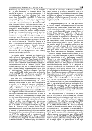 285Monitoring cultured shrimp for WSSV infection by PCR
at a relatively high culture density (e.g., 50-100 shrimp per
m2
). This is true even if the WSSV is detected only by 2-step
nested PCR or as level 3 or 4 by single-step nested PCR,
which indicate light or very light infections. Pond 1 in the
present study illustrated this point (Table 3). Furthermore,
when many (> 50%) of the postlarvae used to stock a pond
are infected at levels 3-4, mass mortality will predictably
occur within a few days to a few weeks. This is true even for
ponds stocked at relatively low culture densities. This is il-
lustrated by Pond 2 in the present study. Pond 2 was located
in a relatively isolated area. Prior to this study it had func-
tioned as a reservoir and had not been used for culturing
shrimp or any other aquatic animal for at least 3 years. Fur-
thermore it was a closed system in the sense that all water
came from an underground source or from rainfall. Conse-
quently the water quality was good. Plankton (mostly
copepods in the first five samples that were tested) collected
with a sterilized plankton net (250 mesh) in this pond on 30
April, 1998 was 2-step PCR negative. Nonetheless on May
14, just 2 weeks later – and only 4 days after stocking –
plankton samples were already 2-step PCR positive (data
not shown). The postlarvae used to stock Pond 2 had been
infected with WSSV at a high prevalence in the hatchery
and this led to failure of cultivation.
The situation in Pond 2 contrasted with the situation in
Pond 4, where the high prevalence (80%) of 2-step PCR
positive shrimp at week 2 (Table 3) developed in the culture
pond itself. Evidence that Pond 4 itself was the source of
infection is provided both by the facts that all of the plank-
ton specimens collected on 30 April were 2-step PCR posi-
tive (data not shown) and that the hatchery postlarvae used
to stock the pond had only a low prevelance (20%) of 2-step
PCR positive animals. The differences between Ponds 2 and
4 were crucial. Pond 4, stocked with postlarvae lightly in-
fected with WSSV at low prevalence was successfully cul-
tured through to harvest. This was true also for Pond 3.
None of the above should be interpreted as any kind of
encouragement or endorsement for culturing WSSV-carrier
postlarvae! On the contrary, the use of WSSV-free postlarvae
for stocking plays a key role in successful culturing, even
though the shrimp may subsequently be infected (usually
lightly) via WSSV reservoir hosts. It is also important to
point out that although these reservoir hosts are hard to elimi-
nate completely from the culture system, the farmer should
nonetheless make an effort to eliminate them as nearly as
possible. The more their numbers are reduced, the less threat
they pose to the shrimp population. We also strongly recom-
mend that brooders be screened, and that larvae be moni-
tored very carefully while in hatchery, after spawning and
hatching. It should be emphasized that 1-step PCR negative
tests or level 1 and level 2 negative tests by the single-step
nested PCR technique (true for all our tested hatchery
postlarvae) are insufficient criteria to pass postlarvae as safe
for stocking. We maintain that the more sensitive nested PCR
diagnosis is absolutely essential. Although stocking a pond
with WSSV-free postlarvae would go a long way towards
insuring a successful shrimp harvest, the shrimp should still
be monitored during the growth period by random samples
for WSSV detection by PCR. In this way any infection would
be detected in its early stages, and farmers could forestall a
serious outbreak by taking extra preventative action to re-
duce possible losses. Although monitoring the shrimp by PCR
would increase a farmer’s operating costs, it nonetheless
would seem to be the best approach for increasing the prob-
ability of obtaining a profitable and successful harvest of
market quality shrimp.
In our previous paper (Lo & Kou 1998), we classified
WSSV infections into three stages, that is the asymptomatic
carrier stage, the transition stage and the patent stage. The
criteria that define these states include the presence/absence
of white spots in the exoskeleton, the presence/absence of
terminal clinical signs, and PCR results (1-step or 2-step
nested PCR positive). Briefly, the 3 stages were defined as
follows: shrimp at the asymptomatic carrier stage of infec-
tion are 2-step nested PCR positive only and they may or
may not display any clinical signs of white spot syndrome;
shrimp at the transition stage are 1-step PCR positive, and
may have tiny spots in their exoskeleton, but they swim nor-
mally, are generally active and do not show any terminal
clinical signs; shrimp at the patent stage of infection have
white spots in their exoskeleton, display terminal clinical
signs and are both 1-step PCR positive and 2-step nested
PCR positive. It should also be emphasized that the asymp-
tomatic carrier stage might persist for months, while the tran-
sition stage might last for only a few hours and is invariably
followed by the patent stage of infection. Furthermore, once
a specimen becomes 1-step PCR positive, it is certain to die
within days, if not hours. In the present study, however, the
results of the single-step nested WSSV PCR suggested an
alternative classification: very severe infection (level 1), se-
vere infection (level 2), light infection (level 3) and very
light infection (level 4). Broadly, the correspondence between
these 2 classification schemes is as follows: asymptomatic
stage carriers would give level 3 or 4 results while transition
and patent stage animals would give level 1 or 2 results. We
found that ponds stocked with larvae at infection levels 3
and 4 were able to go through to harvest. As expected, how-
ever, once the infection stage of the cultured shrimp became
level 1-2, mortality inevitably occurred within a few days.
We should also mention here that both systems (i.e., single-
step and 2-step nested PCR) have their specific advantages
and disadvantages and the decision as to which test is appro-
priate will depend on specific circumstances.
The single-step nested PCR detection kit used here is
based on the principle of competitive PCR. The primers in
this kit are derived from the sequence of the WSSV pms 146
fragment described by Lo et al. (1996a). The entire sequence
of this fragment (1461 bp) has been submitted to the EMBL/
GenBank Data Libraries under Accession No. U50923 (Lo
& Kou, 1996). Provided that the PCR protocol is properly
followed as specified in the detection kit, a very lightly in-
fected shrimp (level 4 infection) will yield both the shrimp-
specific PCR product (848 bp fragment) and the shortest
WSSV-specific amplicon (296 bp fragment). As the level of
infection becomes more severe, the larger WSSV-specific
amplicons (i.e., first the 550 bp and then the 910 bp frag-
ments) will appear, while the shrimp specific PCR product
will no longer appear. The general pattern is that larger
 