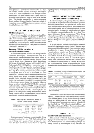 Itami et al.292
envelope around a central nucleocapsid and a tail-like struc-
ture found in ultrathin sections. On average, the complete
virions are 83 nm in diameter and 275 nm in length while the
nucleocapsid is 54 nm in diameter and 216 nm in length. No
occlusion bodies have been found in any of TEM observa-
tions. The virus has been purified by sucrose continuous
density gradient ultracentrifugation. Negatively stained vi-
rus particles possess tail-like protrusions that were not men-
tioned by Kimura et al. (1995).
DETECTION OF THE VIRUS
PCR for diagnosis
We previously described a pair of primers designed from
our original strain of WSSV (Takahashi et al. 1996). The
DNA probe used in this paper did not react with baculoviral
mid-gut gland necrosis virus (BMNV), yellow-head disease
virus (YHV), Baculovirus penaei (BP) or uninfected shrimp.
We therefore concluded that this DNA probe could specifi-
cally amplify DNA of WSSV.
Two-step PCR for the virus in
carrier state crustaceans
In order to detect WSSV in carrier state shrimp and other
crustaceans, we designed a nested primer for 2-step PCR.
This was used for epidemiological and carrier studies of
kuruma shrimp in the natural environment and other crusta-
ceans in shrimp farms (Maeda et al. 1988). We collected
202 kuruma shrimp female spawners in 1996 and 172 in 1997
(body weight, 71.0 - 140.0 g) from 4 ports on the island of
Kyushu from April through September in each year. The heart
of each shrimp was used for extraction of template DNA for
the 2-step PCR. The frequencies of virus positive samples
by 2-step PCR were 25.2% and 23.3% in 1996 and 1997,
respectively (Table 1). When we examined the hearts of im-
mature shrimp (body weight, 13.3 - 48.0 g) that were col-
lected in 2 ports from June through December, 16.5% and
16.9% were positive in 1996 and 1997, respectively (Table
1). These results suggest that the wild population of kuruma
shrimp have been infected with WSSV. In this experiment,
we found that the incidence of WSSV among captured fe-
males was significantly lower in immatures (14.5%) than in
spawners (23.3 - 25.2%) (p<0.05). Interestingly, the fre-
quency of the virus-positive shrimp increased in the mature
shrimp. However, it is not clear whether this was due to sexual
maturation or to multiple spawning behavior.
Fourteen species of crustacean were collected in shrimp
ponds and examined by 2-step PCR. We found that 5 spe-
cies of shrimp and 6 species of crabs gave positive reac-
tions. The shore crab Helice tridens showed an especially
high frequency of positive reactions (66.7%, 26 out of 39
specimens).
PATHOGENICITY OF THE VIRUS
DETECTED BY 2-STEP PCR
In order to clarify the pathogenicity of the virus detected
by 2-step PCR in captured immature shrimp and spawners,
we conducted stress tests and injection tests. In the stress
tests, immature shrimp were placed in 500-l tanks without
sand on the bottom to provide a stressful condition for them
immediately after the they were transferred to our labora-
tory. Mortality was monitored every day for 15 days. Three
groups of immature shrimp were examined. All the shrimp
collected in July and November died within 14 days, and 16
out of 18 shrimp collected in December died within 15 days.
All dead shrimp showed the typical symptoms of WSS (Ta-
ble 2).
In the injection tests, immature shrimp hearts or spawners’
hearts, both of which gave positive 2-step PCR results, were
homogenized, filtered through a 0.45 µm membrane and in-
jected into 6 or 10 healthy shrimp. Shrimp were kept in 55-
l aquaria after the injection and observed for 10 days. All
shrimp died within 10 days and showed the typical symp-
toms of WSS (Table 2). No mortality was found in the con-
trol shrimp injected with filtrate of 2-step PCR-negative
shrimp hearts. These results indicated that a few virus parti-
cles detected in captured shrimp by 2-step PCR were viru-
lent to shrimp and that the use of captured kuruma shrimp
for seed production might cause vertical transmission of this
virus.
To determine whether the virus could be transmitted hori-
zontally, a cohabitation trial was conducted using virus-car-
rying crabs and healthy shrimp. Healthy shrimp (n=10) were
placed in a holding tank with other, untested shore crabs
(n=10), a portion of which were proven to be infected with
the virus by 2-step PCR. All shrimp died in 28 days and
60% of the crabs died in 30 days. This result indicated the
possibility of horizontal transmission of this virus.
PROPHYLAXIS
Disinfectants and treatments
The sensitivity of WSSV to chemicals, temperature and
drying were examined (Maeda et al 1998). The pathogenic-
ity of the treated virus was determined by injecting it into
shrimp followed by monitoring for 10 days. The virus was
Table 1. Two-step PCR detection of WSSV in
captured kuruma shrimp in Japan.
Shrimp group 1996 1997 Average
Female spawners 51/202*
(25.2%)
40/172
(23.3%)
91/374
(24.3%)
Immature shrimp 45/272
(16.5%)
14/83
(16.9%)
59/355
(16.7%)
* No. of WSSV positive / no. of tested
Table 2. Pathogenicity of latent virus detected by 2-step PCR in
captured immature shrimp and spawners.
Shrimp
group
Date No. of PCR positive
/ no. of tested (%)
Stress
test2
Injection
test3
Immature Jul. 17, ’96 − 1
89/894
−
Nov. 7, ’96 6/28 (22.4%) 22/224
10/104
Dec. 4, ’96 8/15 (53.3%) 16/184
−
Spawners Sep. 2. ’96 8/30 (26.7%) − 6/64
1
Not tested; 2
Stress test (i.e., shrimp kept in an aquarium without sand after
arrival at laboratory from the landing port); 3
Injection test (i.e., shrimp
injected with filtrates of heart homogenate from captured immature shrimp
or spawners that showed positive 2-step PCR reactions for WSSV); 4
No.
dead / no. challenged.
 