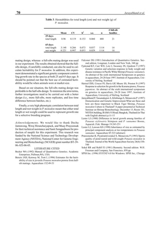70 Jarayabhand et al.
mating design, whereas a full-sibs mating design was used
in our experiment. The results obtained showed that the full-
sibs design, if carefullly conducted, can also be used to cal-
culate heritability for P. monodon. In addition, this experi-
ment demonstrated a significant genetic component control-
ling growth rate in the species at both 25 and 65 days age. It
should be pointed out that the best use of estimated herit-
ability would be when animals were at market size.
Based on our situation, the full-sibs mating design was
preferable to the half-sibs design. To minimize the error terms,
further investigations need to be carried out with a better
design (i.e., more full-sibs, more replicates, and less time
difference between batches, etc.).
Finally, a very high phenotypic correlation between total
length and wet weight in P. monodon meant that either total
length or wet weight could be used to represent growth rate
for a selective breeding program.
Acknowledgements. We would like to thank Decha
Jantawong, Wiroj Hirunchaiyapuck, and Muay Prayoonsak
for their technical assistance and Santi Songpaiboon for pro-
duction of nauplii for this experiment. This research was
funded by the National Science and Technology Develop-
ment Agency (NSTDA), National Center for Genetic Engi-
neering and Biotechnology (NCGEB) grant number BT-39-
06-ATI-06-05.
LITERATURE CITED
Becker WA (1992) Manual of Quantitative Genetics. Academic
Enterprises, Pullman,WA, USA
Benzie JAH, Kenway M, Trott L (1996) Estimates for the herit-
ability of size in juvenile Penaeus monodon prawns from half-
sib matings. Aquaculture 152:49-53
Falconer DS (1981) Introduction of Quantitative Genetics. Sec-
ond edition. Longman, London and New York, 340 pp
Fjalestad KT, Carr WH, Lotz J, Sweeney JN, Gjedrem T (1997)
Genetic variation and selection response in body weight and
disease resistance in Pacific White Shrimp (Penaeus vannamei).
An abstract of the sixth international Symposium on genetics
in aquaculture, 24-28 June 1997, Institute of Aquaculture, Uni-
versity of Stirling, Scotland
Hertzel DJS, Crocos PJ, Davis GP, Moore SS, Preston N (1997)
Response to selection for growth in the Kuruma prawn, Penaeus
japonicus. An abstract of the sixth international symposium
on genetics in aquaculture, 24-28 June 1997, Institute of
Aquaculture, University of Stirling, Scotland
Jarayabhand P, Tassanakajon A, Klinbunga S, Menasveta P (1997)
Domestication and Genetic Improvement:What are these and
how are these important to Black Tiger Shrimp, Penaeus
monodon Culture in Thailand? A paper presented at Technical
Seminar on Shrimp Biotechnology. December 13, Room 101,
NSTDA building, RAMA VI Road, Bangkok, Thailand (in Thai
with English abstract) p.11-15
Lester LJ (1988) Difference in larval growth among families of
Penaeus stylirostris Stimpson and P. vannamei Boone,
Aquacult. Fish. Manage 19:243-251
Lester LJ, Lawson KS (1990) Inheritance of size as estimated by
principal component analysis at two temperatures in Penaeus
vannamei. Aquaculture 85:323 (abstract)
Pratoomchat B, Piyatiratitivorakul S, Menasveta P (1993) Sperm
quality of pond reared and wild-caught Penaeus monodon in
Thailand. Journal of the World Aquaculture Society 24(4):530-
540
Sokal RR and Rohlf FJ (1981) Biometry. Second edition. W.H.
Freeman and Company, San Francisco, 859 pp
SPSS Inc. (1996) SYSTAT 6.0 for Windows. SPSS Inc., Chicago
Table 3. Heratabilities for total length (cm) and wet weight (g) of
P. monodon.
Mean CV h2
s.e. n
# full-sib
families
25 days
total length 0.96 0.119 0.153 0.060 480 21
65 days
total length 3.148 0.266 0.073 0.037 1114 14
wet weight 0.221 0.997 0.053 0.029 1114 14
 