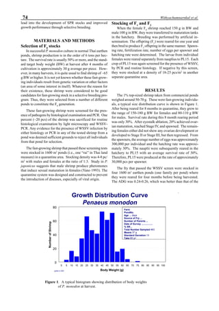 74 Withyachumnarnkul et al.
lead into the development of SPR stocks and improved
growth performance through selective breeding.
MATERIALS AND METHODS
Selection of F0
stocks
In successful P. monodon culture in normal Thai earthen
ponds, shrimp production is in the order of 6 tons per hec-
tare. The survival rate is usually 50% or more, and the stand-
ard target body weight (BW) at harvest after 4 months of
cultivation is approximately 30 g average per piece. How-
ever, in many harvests, it is quite usual to find shrimp of ~65
g BW or higher. It is not yet known whether these fast-grow-
ing individuals result from genetic variation or other factors
(an area of some interest in itself). Whatever the reason for
their existence, these shrimp were considered to be good
candidates for fast-growing stock in a selective breeding pro-
gram. Thus, they were selected from a number of different
ponds to constitute the F0
generation.
These fast-growing shrimp were screened for the pres-
ence of pathogens by histological examination and PCR. One
percent (~20 pcs) of the shrimp was sacrificed for routine
histological examination by light microscopy and WSSV-
PCR. Any evidence for the presence of WSSV infection by
either histology or PCR in any of the tested shrimp from a
pond was deemed sufficient grounds to reject all individuals
from that pond for selection.
The fast-growing shrimp that passed these screening tests
were stocked in 1600 m2
ponds (i.e., one “rai” in Thai land
measure) in a quarantine area. Stocking density was 4-8 pc/
m2
with males and females at the ratio of 1:3. Study in P.
japonicus suggests that male shrimp produce pheromones
that induce sexual maturation in females (Yano 1993). The
quarantine system was designed and constructed to prevent
the introduction of diseases, especially of viral origin.
Stocking of F1
and F2
When the female F0
shrimp reached 150 g in BW and
male 100 g in BW, they were transferred to maturation tanks
in the hatchery. Breeding was performed by artificial in-
semination. The offspring (F1
) were reared for one year and
then bred to produce F2
offspring in the same manner. Spawn-
ing rate, fertilization rate, number of eggs per spawner and
hatching rate were determined. The larvae from individual
females were reared separately from nauplius to PL15. Each
crop of PL15 was again screened for the presence of WSSV,
by PCR and routine histology. If negative by this screen,
they were stocked at a density of 18-25 pcs/m2
in another
separate quarantine area.
RESULTS
The 1% top-sized shrimp taken from commercial ponds
weighed around 50-70 g. These were fast-growing individu-
als, a typical size distribution curve is shown in Figure 1.
After being reared for 8 months in quarantine, they grew to
the range of 150-180 g BW for females and 80-110 g BW
for males. Survival rate during this 8 month rearing period
was only 30%. After eyestalk ablation, 20% achieved ovar-
ian maturation, reached Stage IV, and spawned. The remain-
ing females either did not show any ovarian development or
developed to Stage II or Stage III, but then regressed. From
the spawners, the average number of eggs was approximately
300,000 per individual and the hatching rate was approxi-
mately 30%. The nauplii were subsequently reared in the
hatchery to PL15 with an average survival rate of 30%.
Therefore, PL15 were produced at the rate of approximately
30,000 pcs per spawner.
The fry that passed the WSSV screen were stocked in
four 1600 m2
earthen ponds (one family per pond) where
they were reared for four months before being harvested.
The ADG was 0.24-0.26, which was better than that of the
.
Growth Distribution Curve
Penaeus monodon
0 5 10 15 20 25 30 35 40 45 50 55 60 65 70 75 80 85 90 95 100
0
20
40
60
80
NumberofShrimp
Body Weight (g)
Farm
PondNo.
Age ... days
Source of Fry ...
Number of Parents ...
Date of Survey .................
% SR...
Total Number Sampled 463
Means 37 g
Standard Deviation 13
Take 65 g+
grdist in D20
Figure 1. A typical histogram showing distribution of body weights
of P. monodon at harvest.
 