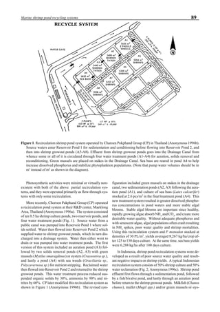 89Marine shrimp pond recycling systems
Photosynthetic activities were minimal or virtually non-
existent with both of the above partial recirculation sys-
tems, and they were operated primarily as flow-through sys-
tems with only some recirculation.
More recently, Choroen Pakphand Group (CP) operated
a recirculation pond system at their R&D center, Maeklong
Area, Thailand (Anonymous 1996a). The system consisted
of ten 0.5 ha shrimp culture ponds, two reservoir ponds, and
four water treatment ponds (Fig. 1). Source water from a
public canal was pumped into Reservoir Pond 1 where sol-
ids settled. Water then flowed into Reservoir Pond 2 which
supplied water to shrimp growout ponds, which in turn dis-
charged into a drainage system. Water then either went to
drain or was pumped into water treatment ponds. The first
version of this system included an aeration pond (A1) fol-
lowed by two solids removal ponds (A2, A3) with green
mussels (Mytilus smaragdinus) or oysters (Crassostrea sp.),
and lastly a pond (A4) with sea weeds (Graciliaria sp.,
Polycavernosa sp.) for nutrient stripping. Reclaimed water
then flowed into Reservoir Pond 2 and returned to the shrimp
growout ponds. This water treatment process reduced sus-
pended organic solids by 30%, ammonia by 90% and ni-
trites by 60%. CP later modified this recirculation system as
shown in Figure 1 (Anonymous 1996b). The revised con-
figuration included green mussels on stakes in the drainage
canal, two sedimentation ponds (A2, A3) following the aera-
tion pond (A1), and culture of sea bass (Lates calcarifer)
stocked at 2.6 pcs/m2
in the final treatment pond (A4). This
new treatment system resulted in greater dissolved phospho-
rus concentrations in pond waters and more stable algal
blooms. Stable algal blooms are important since healthy,
rapidly growing algae absorb NH4
and CO2
, and create more
desirable water quality. Without adequate phosphorus and
with senescent algae, algal populations often crash resulting
in NH4
spikes, poor water quality and shrimp mortalities.
Using this recirculation system and P. monodon stocked at
densities of 30 PL/m2
, yields averaged 8,267 kg/ha/crop af-
ter 125 to 130 days culture. At the same time, sea bass yields
were 6,288 kg/ha after 100 days culture.
In Indonesia, shrimp pond recirculation systems were de-
veloped as a result of poor source water quality and result-
ant negative impacts on shrimp yields. A typical Indonesian
recirculation system consists of 50% shrimp culture and 50%
water reclamation (Fig. 2; Anonymous 1996c). Shrimp pond
effluent first flows through a sedimentation pond, followed
by a fish/bivalve pond, and lastly through an aeration pond
before return to the shrimp growout ponds. Milkfish (Chanos
chanos), mullet (Mugil spp.) and/or green mussels or oys-
Figure 1. Recirculation shrimp pond system operated by Charoen Pokphand Group (CP) in Thailand (Anonymous 1996b).
Source waters enter Reservoir Pond 1 for sedimentation and conditioning before flowing into Reservoir Pond 2, and
then into shrimp growout ponds (A5-A8). Effluent from shrimp growout ponds goes into the Drainage Canal from
whence some or all of it is circulated through four water treatment ponds (A1-A4) for aeration, solids removal and
reconditioning. Green mussels are placed on stakes in the Drainage Canal. Sea bass are reared in pond A4 to help
increase dissolved phosphorus and stabilize phytoplankton populations. (Note that pump water volumes should be in
m3
instead of m2
as shown in the diagram).
 