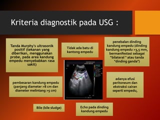 Kriteria diagnostik pada USG :
Tanda Murphy's ultrasonik
positif (tekanan yang
diberikan, menggunakan
probe, pada area kan...