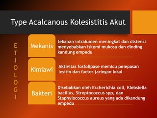 Type Acalcanous Kolesistitis Akut
Mekanis
Kimiawi
Bakteri
tekanan intralumen meningkat dan distensi
menyebabkan iskemi muk...