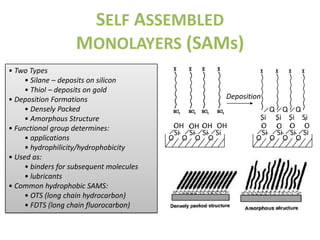 SELF ASSEMBLED
                    MONOLAYERS (SAMs)
• Two Types
     • Silane – deposits on silicon
     • Thiol – deposits on gold
• Deposition Formations                              Deposition
     • Densely Packed                                           O O O
     • Amorphous Structure                                    Si Si Si Si
• Functional group determines:             OH OH OH OH        O O O O
                                           Si Si Si Si        Si Si Si Si
     • applications                       O O O O            O O O O
     • hydrophilicity/hydrophobicity
• Used as:
     • binders for subsequent molecules
     • lubricants
• Common hydrophobic SAMS:
     • OTS (long chain hydrocarbon)
     • FDTS (long chain fluorocarbon)
 