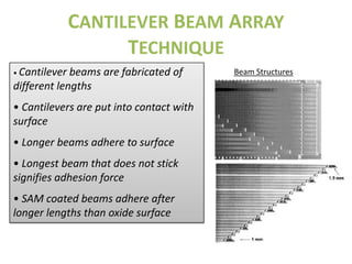 CANTILEVER BEAM ARRAY
                     TECHNIQUE
• Cantilever beams are fabricated of      Beam Structures
different lengths
• Cantilevers are put into contact with
surface
• Longer beams adhere to surface
• Longest beam that does not stick
signifies adhesion force
• SAM coated beams adhere after
longer lengths than oxide surface
 