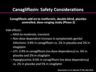 Canagliflozin: Safety Considerations
Side effects:
– Mild-to-moderate, transient
– Non dose-dependent increase in symptomatic genital
infections: 3-8% in canagliflozin vs. 2% in placebo and 2% in
sitagliptin
– UTI: 3-9% in canagliflozin (no dose-dependency) vs. 6% in
placebo and 2% in sitagliptin
– Hypoglycemia: 0-6% in canagliflozin (no dose dependency)
vs. 2% in placebo and 5% in sitagliptin
Rosenstock J, et al. Abstract 77-OR. ADA 2010.
Canagliflozin add-on to metformin, double-blind, placebo-
controlled, dose-ranging study (Phase 2)
 