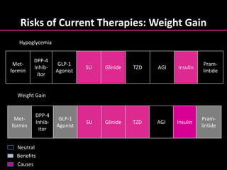 Risks of Current Therapies: Weight Gain
Met-
formin
DPP-4
Inhib-
itor
GLP-1
Agonist
SU Glinide TZD AGI Insulin
Pram-
lintide
Weight Gain
Met-
formin
DPP-4
Inhib-
itor
GLP-1
Agonist
SU Glinide TZD AGI Insulin
Pram-
lintide
Hypoglycemia
Neutral
Benefits
Causes
 