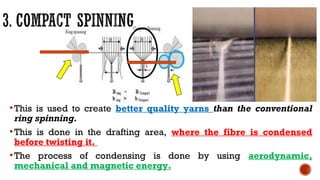 This is used to create better quality yarns than the conventional
ring spinning.
This is done in the drafting area, where the fibre is condensed
before twisting it.
The process of condensing is done by using aerodynamic,
mechanical and magnetic energy.
 